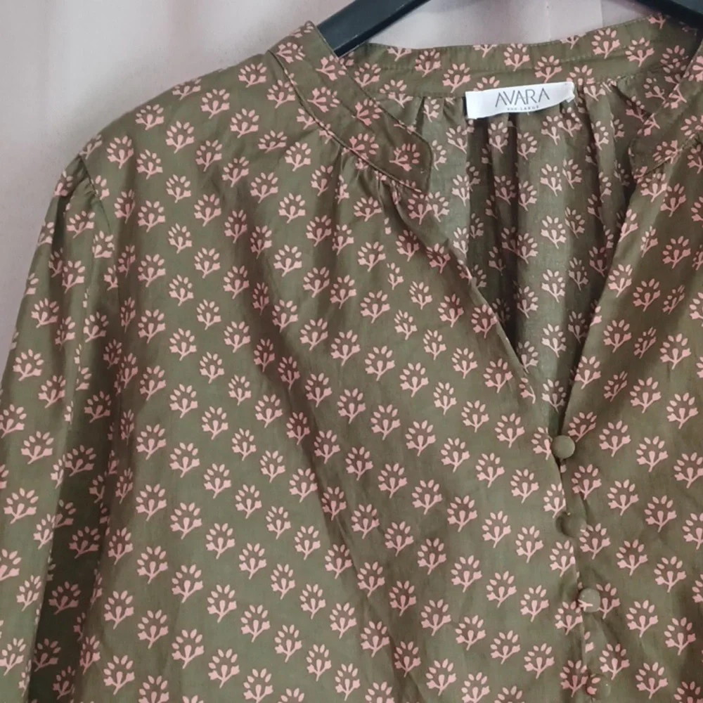 Avara Olive Green Pink Floral Long Balloon Sleeve Top, Split Neck Button Placket